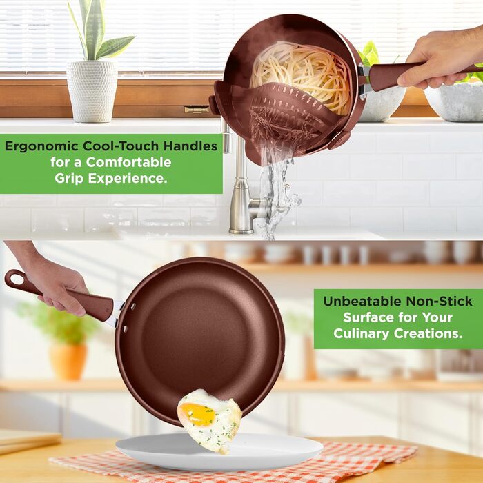 NutriChef 20-Piece Cookware Set - Pot Set, Frying Pan Set & Baking Set Non-Stick | PFOA/PFOS-Free | Induction Pots & Pans, Round Cake Pan, Loaf Pan, Casserole Dish, Muffin Tin, Baking Sheet Brown
