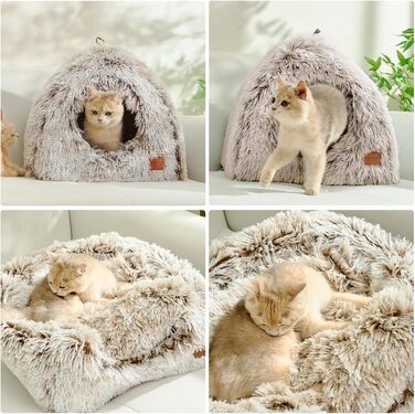 Cat Cave Cat Bed Cat House Cozy Cave 40x40cm Foldable Washable Comfortable Cat Sleeping Place for Cats Kittens Puppies with Removable Cat Head Pillow Beige (Coffee Brown-L)