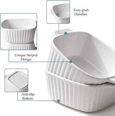 Набір форм для запікання NUTRIUPS 400мл (4 шт.) з кераміки, 14.5 x 11.5 x 5.5 см, квадратні, з ручками, для духовки та мікрохвильовки (білі)