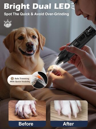 Електричний точило для собачих кігтів Casfuy - 6 ступенів, тихе, з LED-підсвіткою та збирачем пилу, 4.8V, для великих собак (чорний)