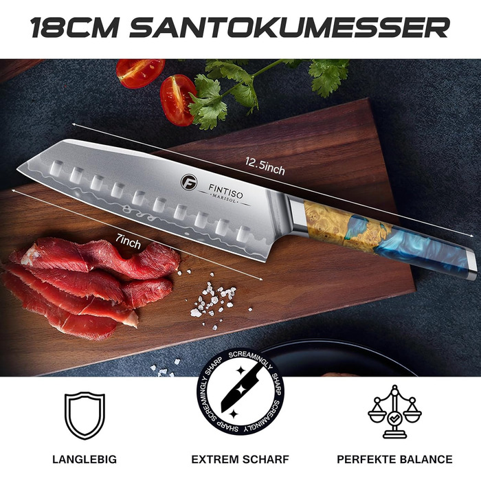 Японський кухонний ніж FINTISO Santoku 20 см, сталь S35VN, 7 шарів, ручка з дерев'яної смоли - ідеальний подарунок