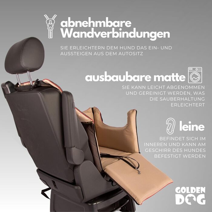Автомобільний лежак для собак Golden Dog - безпечний транспортувальний бокс з ременями безпеки, 52x44x33 см, коричневий, з водонепроникної шкіри