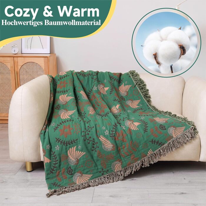 HOORDRY Boho Throw Blanket for Bed - 100% Cotton Ultra Soft Rustic Quilt - Bird Floral Printed Farmhouse Decor Bedspread, 200×230CM All Season Rustic Throw for Sofa Couch Chair Green Bird 200×230CM