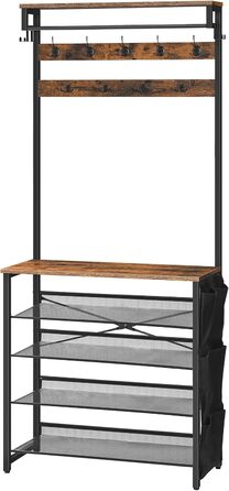 HOOBRO Coat Rack with Shoe Storage, Shoe Shelf with Coat Rack, Clothes Rack with 5-Tier Shoe Storage, Coat Rack with Shoe Cabinet, Adjustable Metal Grid Shelf, Greige EBG75MT01 (Vintage Brown + Black)