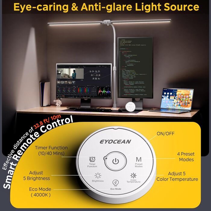 LED лампа настільна EYOCEAN 24W, 80 см з жестами, регулювання яскравості, захист очей для офісу, роботи, читання, архітекторів, дизайнерів (біла)