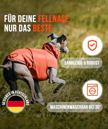 ZAUBERPFOTE® Dog Raincoat London | With extra-long YKK® zipper for collar & harness | For small, medium & large dogs | Waterproof & machine washable | Dog raincoat (Orange, 45)