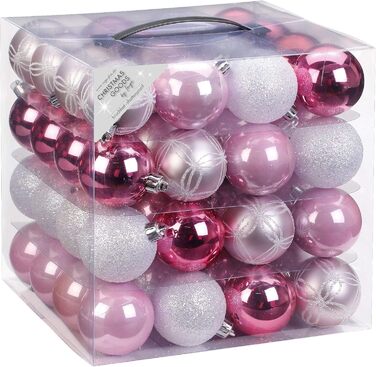 Набір прикрас на ялинку 64 шт. 6 см, пластикові, ударостійкі, рожеві (рожевий-світлорожевий)