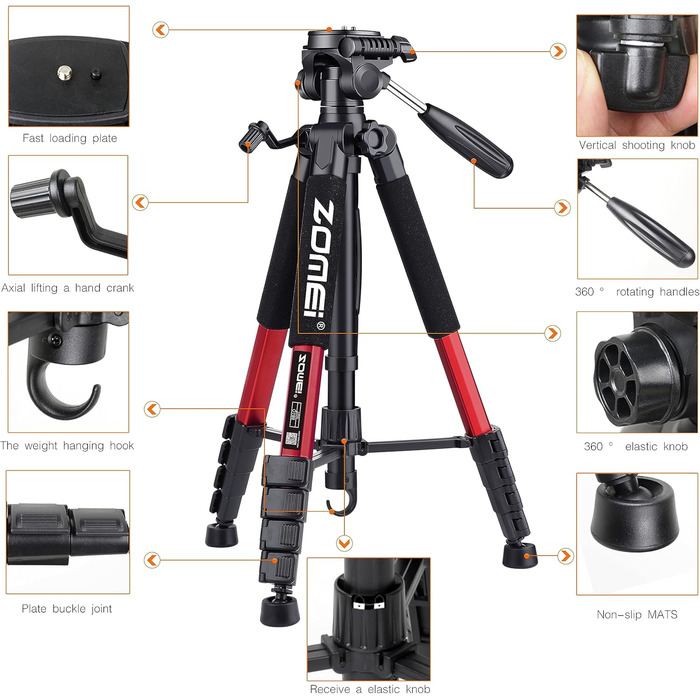 Штатив ZOMEi 188 см, професійний, для DSLR, телефонів, проекторів, телескопів (чорний/червоний)