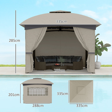 Outsunny Gazebo approx. 3.4x3.4 m water-resistant garden gazebo with 4 side panels, double roof, party tent with UV protection garden tent with galvanized metal frame, for garden light grey | Aosom