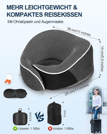 Подушка для шиї в літак, доросла, з піною з пам'яті, регульована та компактна, для автомобіля з навушниками, маскою для сну, чохлом