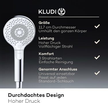 KLUDI-X3 Universal Shower Head with Hose, optional shower spray, water-saving with 3 spray patterns (Body, Hair, Skin), easy-to-clean shower head Ø 11.7 cm, shower hose 1.60 m