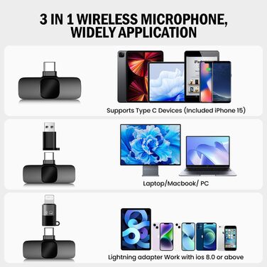 Бездротовий петличний мікрофон з 4 режимами запису для телефону, iPhone, Android та ПК – міні-мікрофон для відео, Vlog, TikTok, YouTube, стрімінгу та інтерв'ю L3