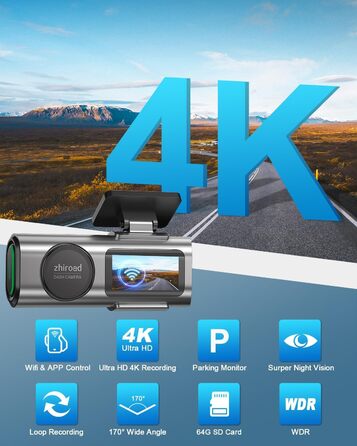 Відеореєстратор 4K WiFi з App-керуванням, 64GB SD-карта, кріплення, IPS 1.47', 170° кут огляду, Нічне бачення, WDR, G-сенсор, циклічна запис, 24/7 паркувальний режим