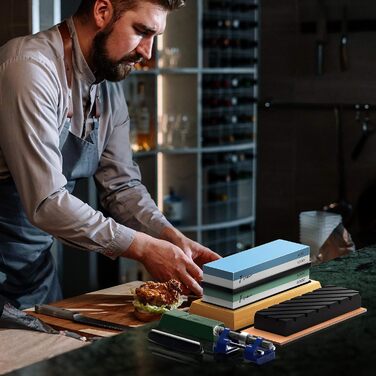 Набір точильних каменів Schleifstein: 400/1000, 3000/8000, з підставкою, зточкою та аксесуарами для ножів