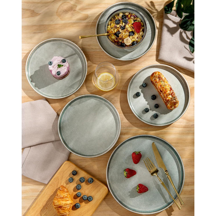 Набір посуду GBhome з реактивної глазурі для 6 осіб (18 предметів), ручна робота, керамічний посуд, безпечний для мікрохвильової печі та посудомийної машини, набір тарілок та мисок, колір Immergrün (Desret Salbei)