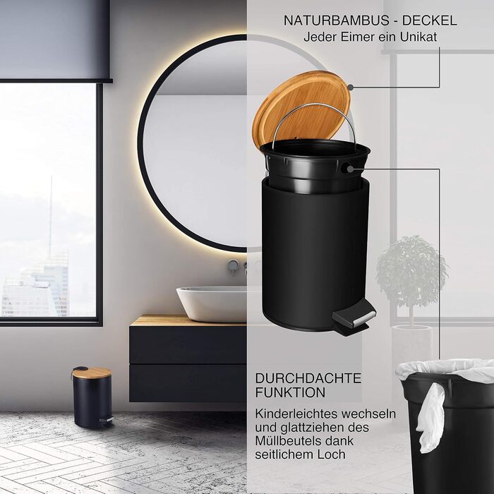 Смітник для косметики VMbathrooms з педаллю та бамбуковою кришкою, 3 л, Soft-Close, чорний — для ванної кімнати та туалету