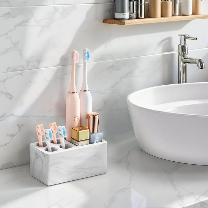 Тримач для зубних щіток Luxspire з 5 відділеннями, з пісковику, для ванної кімнати, електричний, органайзер для зубних щіток та пасти, білий мармур, 1 шт.