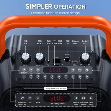Wowstar Караоке Машина з 2 Бездротовими Мікрофонами, Портативна Bluetooth Колонка з Світловим Ефектом, Підтримка TF/USB, FM, Запис, AUX, TWS для Вечірок, Днів Народження (Помаранчевий)