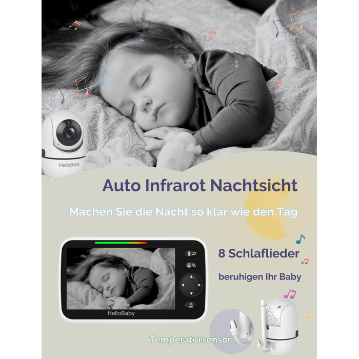 Дитячий відеоняня HelloBaby HB6550 з камерою, акумулятор 3500 mAh, 5-дюймовий екран, поворот 355°/нахил 120°, 2-сторонній аудіо, датчик температури, 8 колискових, нічне бачення