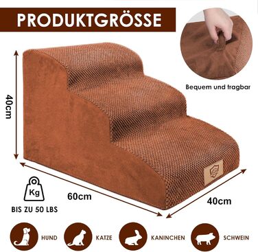 Calling Dog Stairs, Dog Stairs for Small Dogs, Waterproof Dog Stairs 40 cm High, Injury Prevention High-Quality Sponge Cat Stairs, Non-Slip Washable Dog Ramp for Sofa Bed Car (3-Step Dog Stairs, Brown)