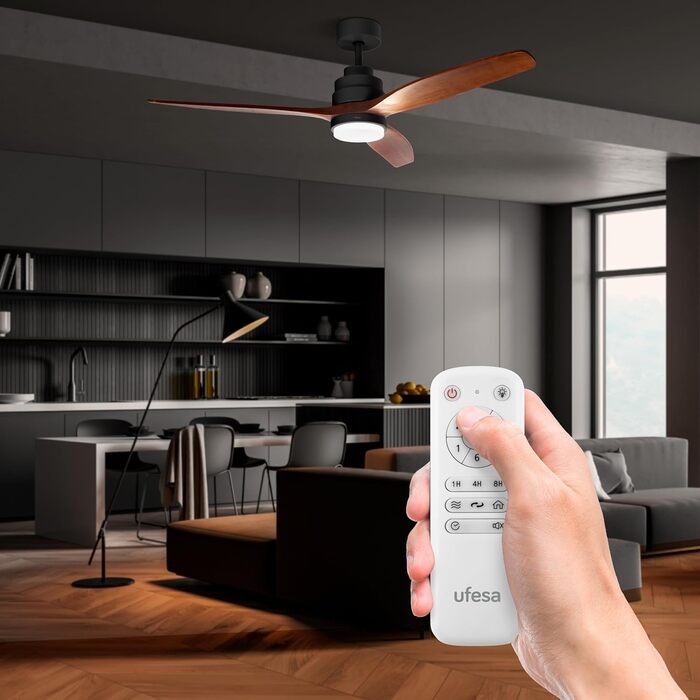 Вентилятор стельовий Ufesa, 40W, 6 швидкостей, тихий, 3 дерев'яних лопаті 132см, літо-зима, таймер 8год, пульт, чорний/темне дерево, без світла