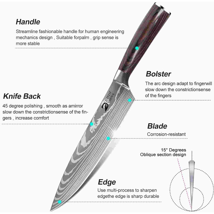 Набір кухонних ножів Dfito, 8 предметів, професійний, з роллю, з високоякісної нержавіючої сталі, для шеф-кухаря, гострі, з червоною ручкою