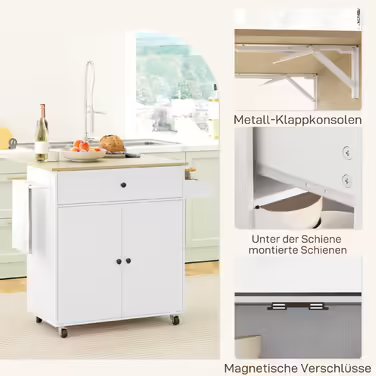 HOMCOM Kitchen Island Rolling Cart with Folding Worktop, Drawer, Kitchen Cabinet on Wheels with Shelf, Towel Rail, Spice Rack, Serving Cart White | Aosom