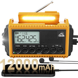 Радіо на батареї 12000mAh з ручним генератором та сонячною панеллю | AM/FM/SW, SOS, USB-C, IPX4, ліхтарик, для кемпінгу та відпочинку на природі, жовте