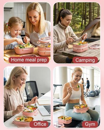 Ланчбокс Lille Home з 2 ярусами, 4 відділення, 1650 мл, з посудом, BPA-free, не протікає (Зелений) (Рожевий)