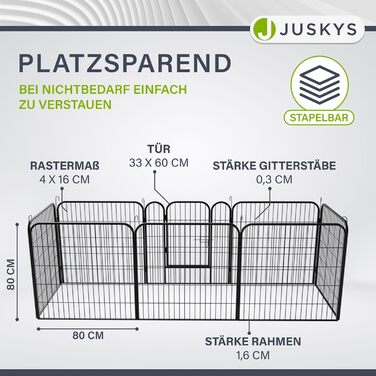 Клітка-вольєр для цуценят Juskys Welpenauslauf Plus 160x160x80 см - металевий вольєр для собак, кроликів та дрібних тварин з дверцятами