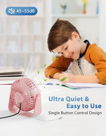 Триполю USB Настільний Вентилятор, 3 швидкості, регульований, потужний потік повітря, 360° обертання, кабель 1,5 м, рожевий, компактний міні-вентилятор