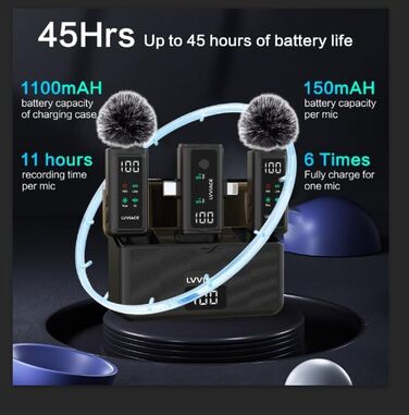 Мікрофон-петличка 3-в-1 для iPhone, Android, камери: бездротовий мікрофон з шумозаглушенням, 45 годин роботи, цифровий дисплей, кейс для зарядки, відеозйомка, стрімінг