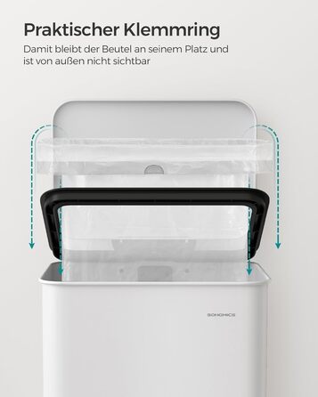 Сміттєве відро SONGMICS 40 л з педаллю, сталеве, з м'яким закриттям, 15 мішків, LTB540A02 (біле)