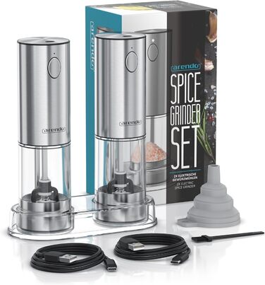 Електричні млини для спецій Arendo – набір з солі та перцю, нержавіюча сталь, керамічний механізм, LED-підсвічування, акумулятор, щітка та воронка