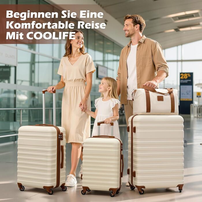 Набір валіз COOLIFE 5 в 1: велика валіза на 4 колесах з TSA-замком, середній та маленький кейси, косметичка та сумка для подорожей (ABS, білий/коричневий)