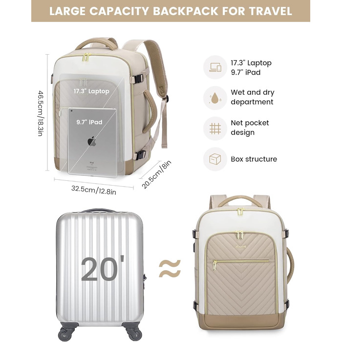 LOVEVOOK Рюкзак для подорожей жіночий великий 40L, ручна поклажа, для ноутбука 17.3