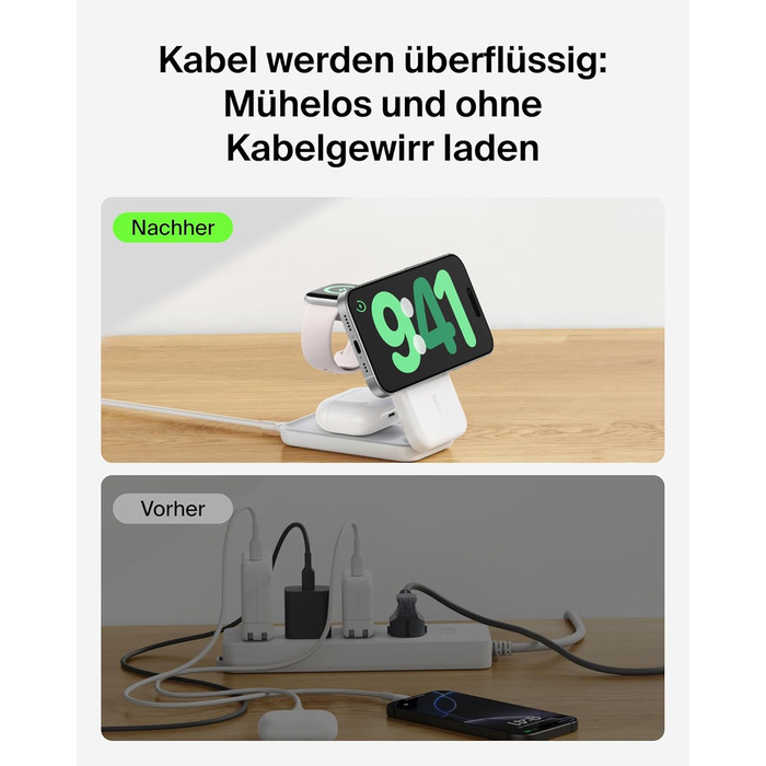 Зарядна станція Belkin UltraCharge 3 в 1 з Qi2.2, 25W, сумісна з MagSafe, для iPhone, Apple Watch, AirPods, Pixel, з адаптером 45W