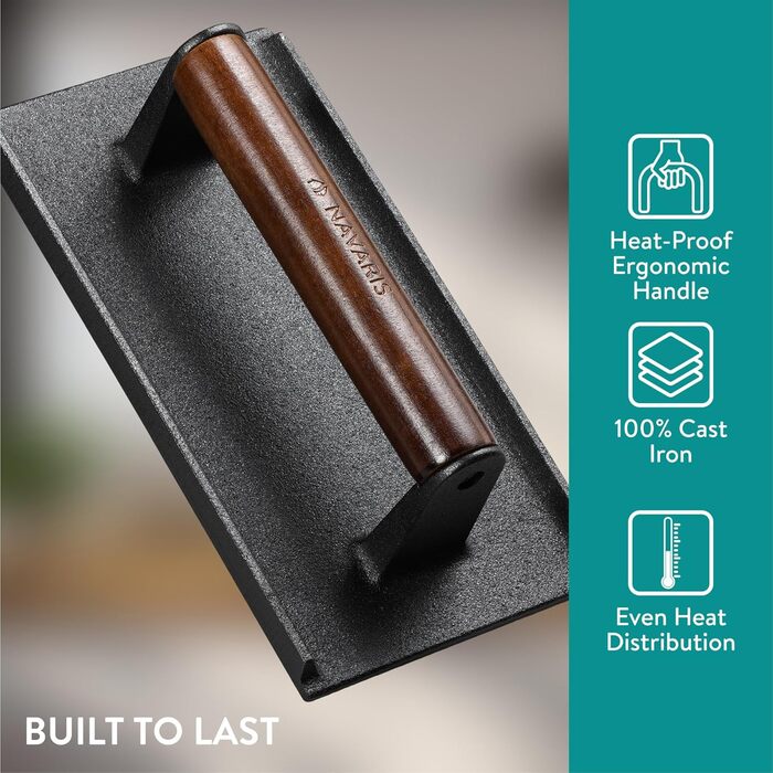 Navaris Smashed Burger Press - Cast Iron Burger Press - Prepare Burgers Healthy and Delicious - Grill Press - Meat Press - 21 x 11 cm - Rectangular Cast Iron