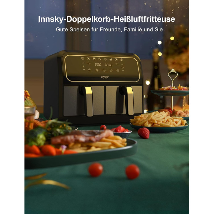 Аерофритюрниця Innsky Dual Zone 8 л з двома кошиками, 8 програм, подвійна повітряна фритюрниця без олії, синхронізація приготування, Shake-режим, X-Large