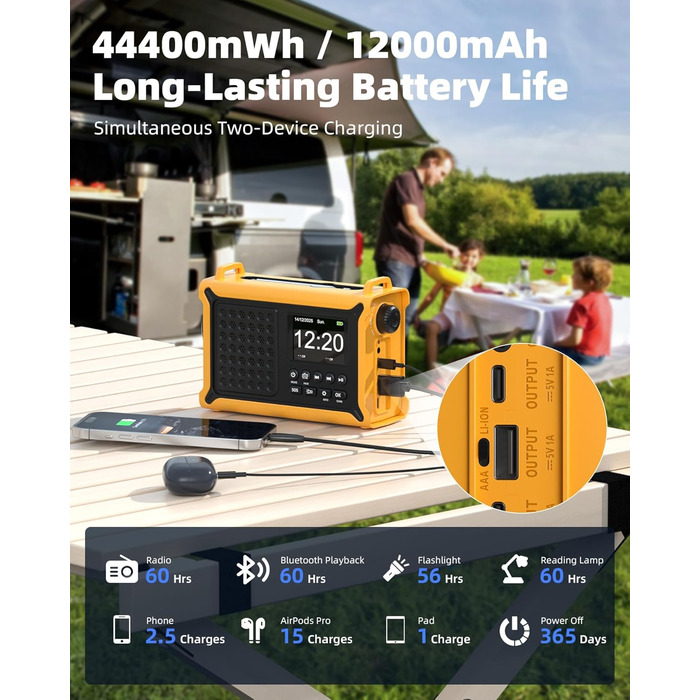 Сонячне радіо Solar Radio з ручкою, 12000mAh, DAB/DAB+/UKW, радіо для надзвичайних ситуацій з сонячною панеллю 8500мм² та ручкою 650mA, радіо з динамо, Bluetooth, ліхтарик та зарядний пристрій USB, для кемпінгу, надзвичайних ситуацій (жовте)