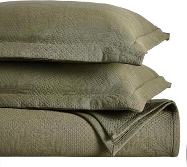 Комплект покривала на ліжко з жаккарда з квітковим орнаментом Fleur de Lis, 100% бавовна, розмір Queen, оливковий зелений