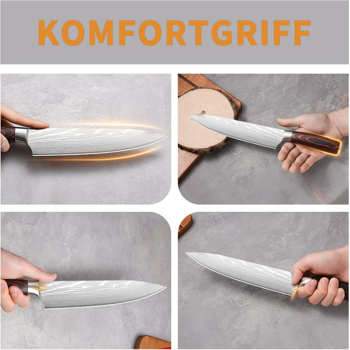 Професійний кухонний ніж Plys Kochmesser 20 см: гострий ніж з нержавіючої сталі з вуглецевим покриттям, ніж шеф-кухаря з ергономічною ручкою, срібляста клинка