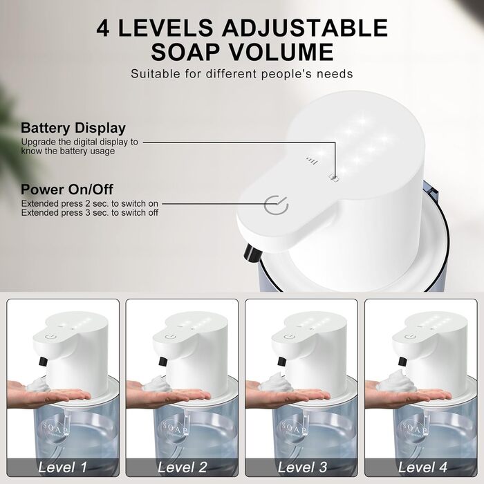 Автоматичний диспенсер для рідкого мила Cuteefun, 400 мл, сенсорний, індикатор заряду батареї, 4-рівнева регулювання дозування, настінний для ванної, кухні, чорний, піниться