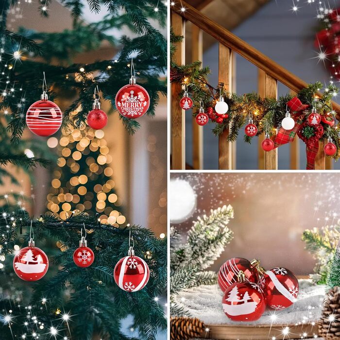 Ялинкові кулі Ilauke, 44 шт. Пластикові кулі червоно-білі, 3 та 6 см. Декорації для ялинки, прикраси на свята, для дому, вечірки, весілля, Різдво.