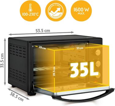 Міні-піч TZS First Austria 35л, 1600W з піччю для піци, регулюванням температури та антипригарним покриттям, таймером 60 хв, 3 рівнями та набором для випікання