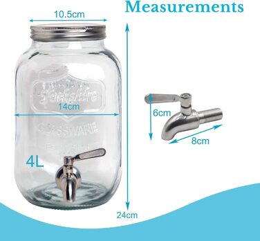 Скляний диспенсер для напоїв на 4 літри з нержавіючою сталею, 14 x 24 см. Підходить для води, соку, лимонаду. Скляний контейнер з металевим краном