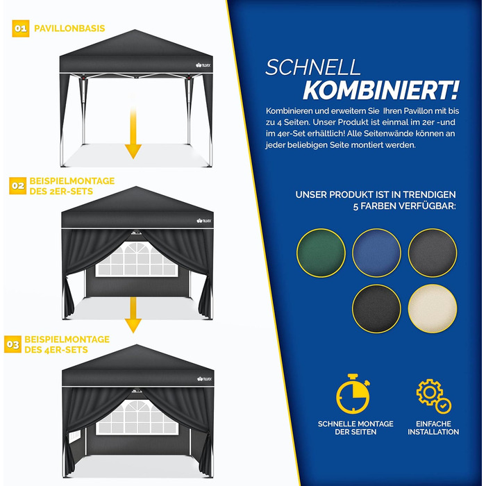 tillvex® 4-Sided Wall for Gazebo 3x3m | Foldable Gazebo Side Walls Water-Repellent | Side Windows & Zipper | Side Walls for Garden Tent Party Tent