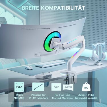 Кріплення для монітора ARES WING RGB - тримач для ігрового монітора, 17-49 дюймів, підходить для важких (20 кг) та вигнутих моніторів, регульована висота, для геймерів (білий)