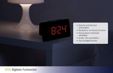 TFA Dostmann ICON Digital Radio Alarm Clock, 60.2543.05, Alarm with individual snooze duration, 2 brightness levels, very bright red LED digits, radio clock, black
