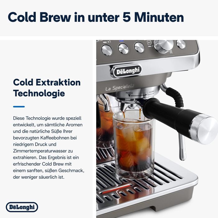 De'Longhi La Specialista Arte Evo EC9255.T Semi-automatic espresso machine with grinder, cold brew function, 8 grind settings, 15 bar, 3 temperatures, milk frothing wand, titanium finish, including barista kit. With Cold Brew function, espresso machine, titanium.